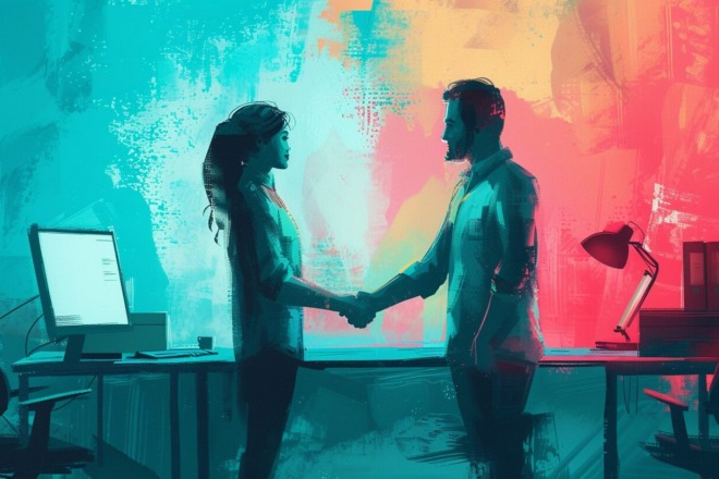 a website designer shaking hands with a new client