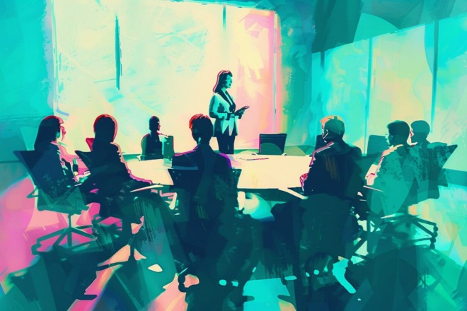 a person standing at the front of a conference room leading a meeting, with a group of people seated at a conference table in front of her