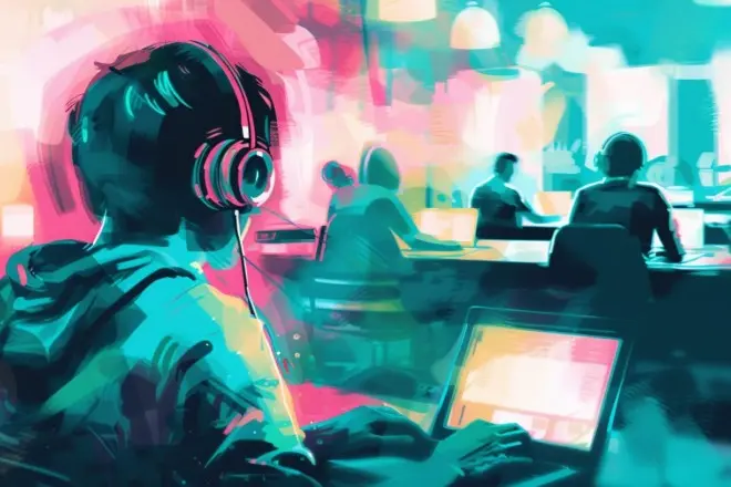 a young man types at a computer with others typing at computers in the background