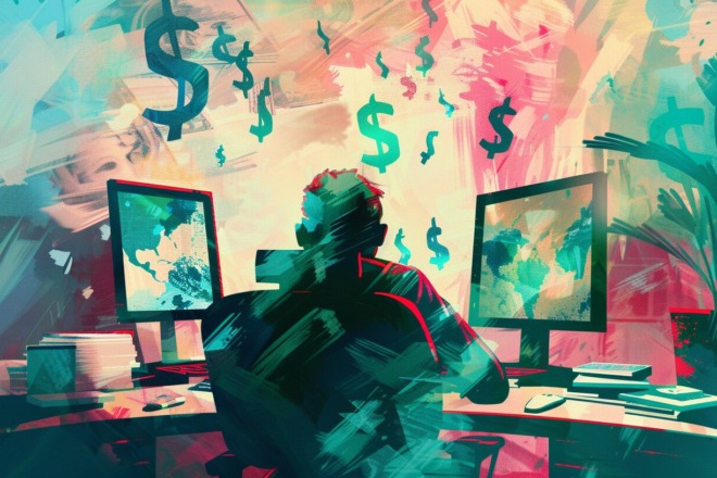 a person sitting in front of a computer with dollar signs in the air around them