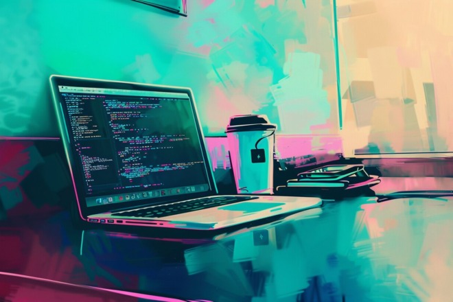 a computer sitting on a table with lines of code visible on the screen