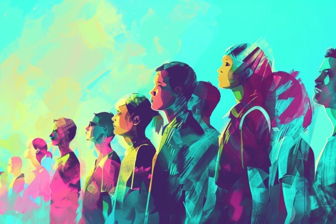 a group of people standing in a line
