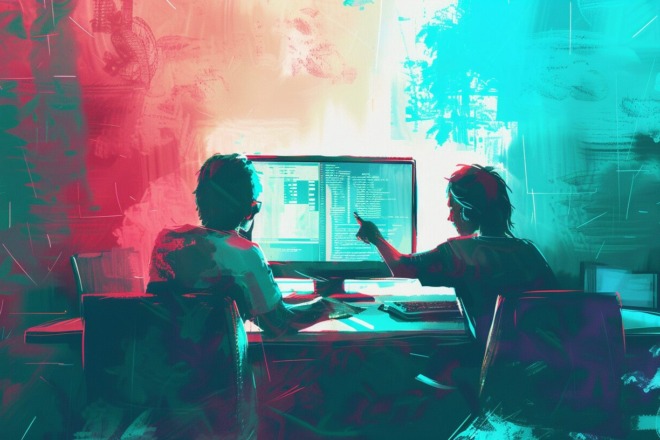 two people looking at a computer screen, with one person pointing to the screen