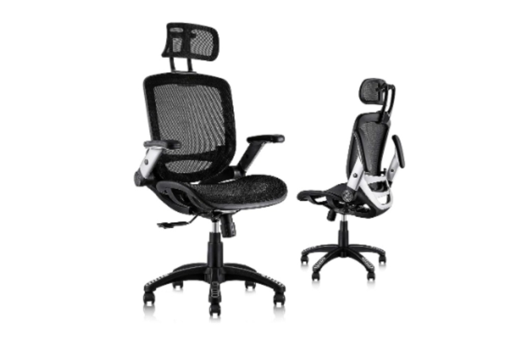 A black mesh ergonomic desk chair with arm and head rests.