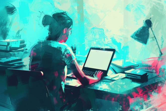 a woman typing on a laptop at a work desk