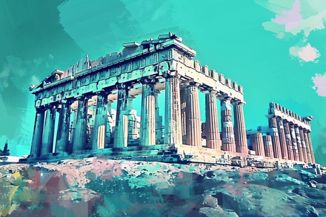 an artistic depiction of the Parthenon in Athens