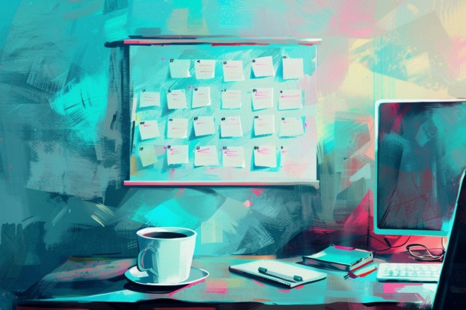 a project board on a wall filled with post-it notes, with a desk, coffee cup and computer in the background