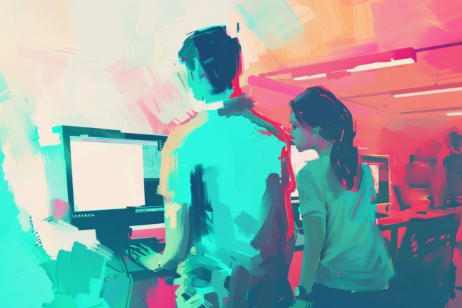 A man and woman looking at a computer screen, working together on a project.