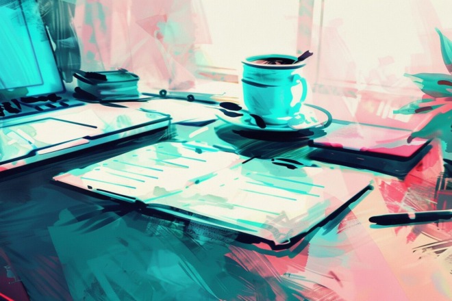 a lined notepad sitting on a table beside a laptop and a cup of coffee