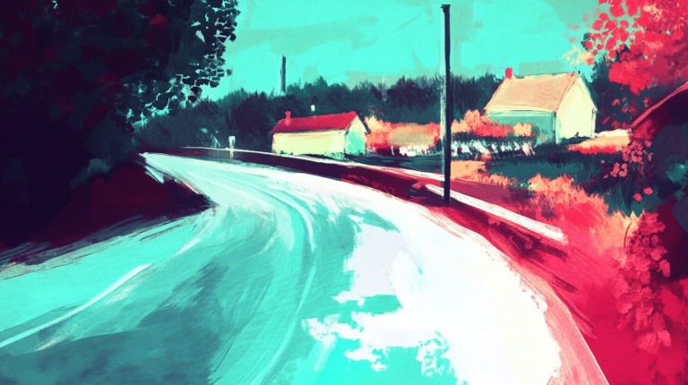 a watercolor depiction of a curving road
