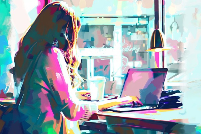 a watercolor depiction of a woman sitting in a coffee shop typing on a computer