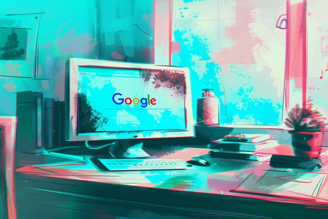 a watercolor depiction of a computer with Google search on the screen