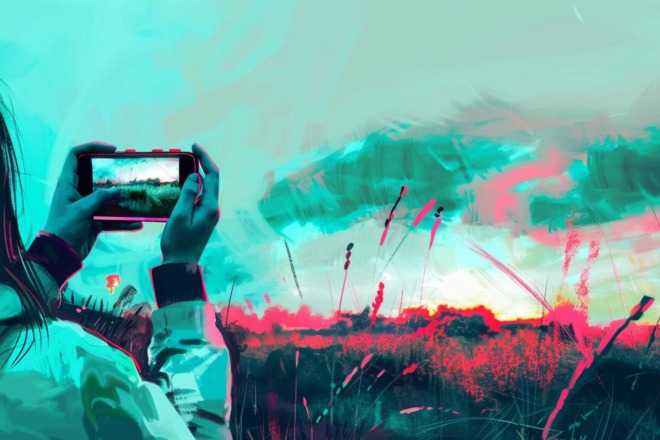 a woman taking a picture of a sunset using a phone camera