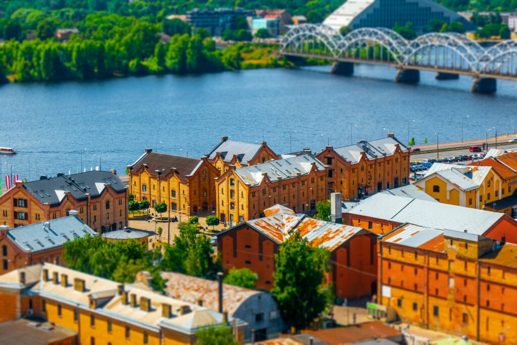 Brick buildings with the tilt-shift effect