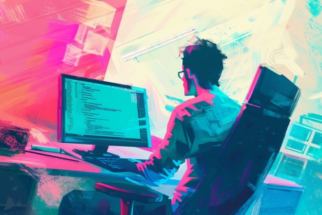 a watercolor depiction of a man coding on a desktop computer