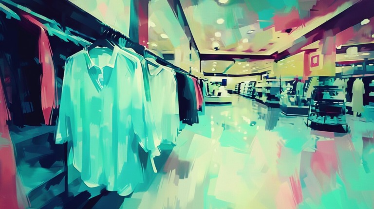 a watercolor depiction of a luxury clothing store