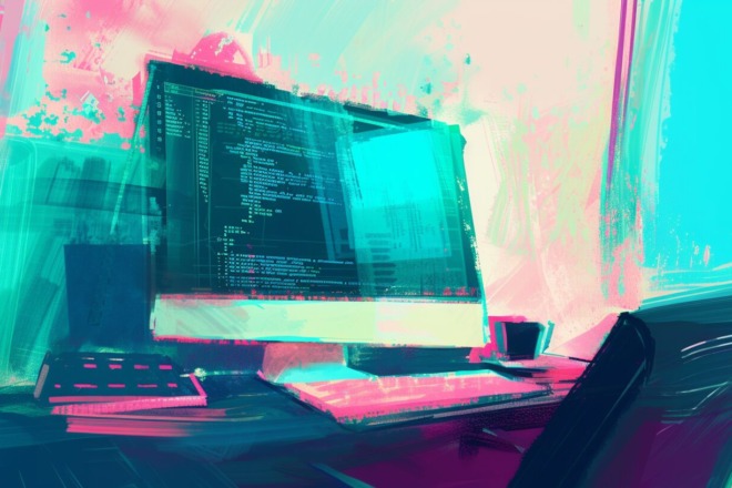 a watercolor depiction of a computer with lines of code on the screen