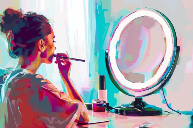 a watercolor depiction of an influencer putting on makeup at a desk in front of a ring light