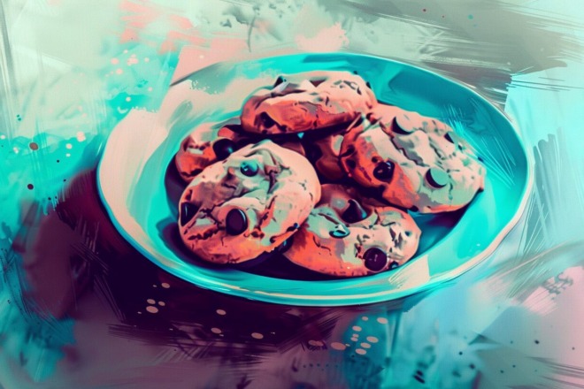a plate of chocolate chip cookies