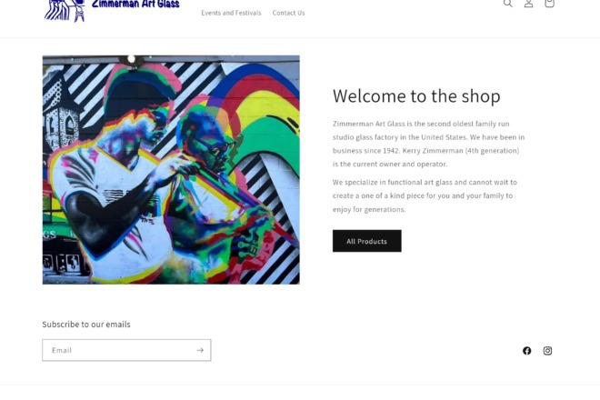 screenshot of zimmerman art glass website