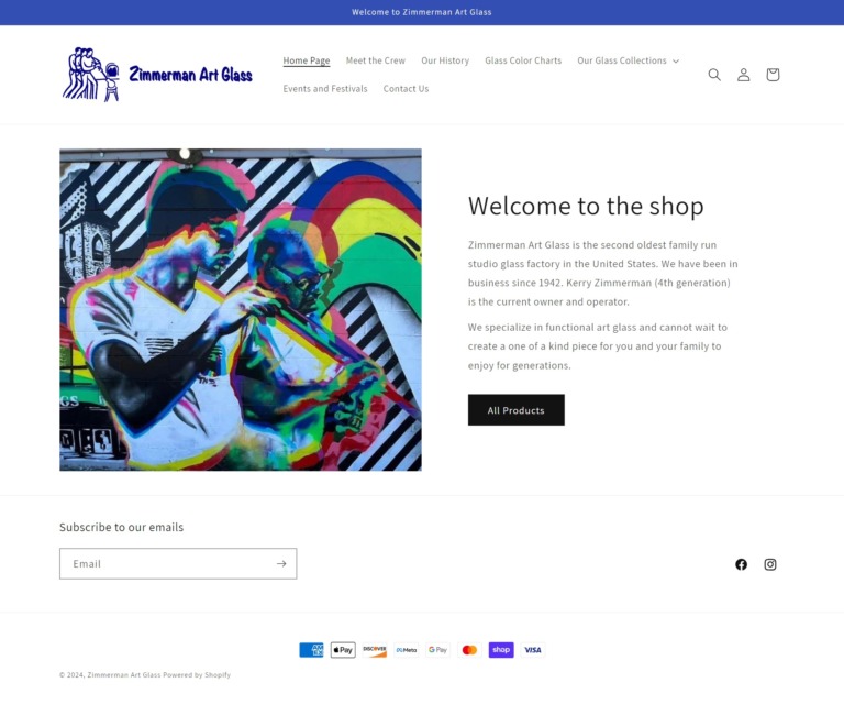 screenshot of zimmerman art glass website