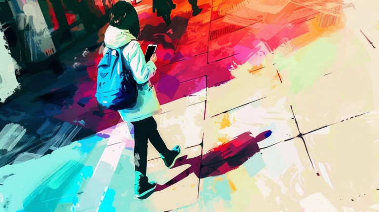 a watercolor depiction of a girl walking down a sidewalk looking at her phone