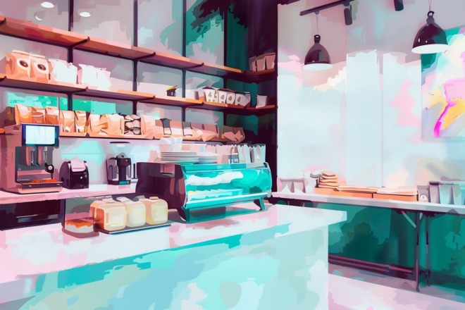 a watercolor depiction of the inside of a bakery