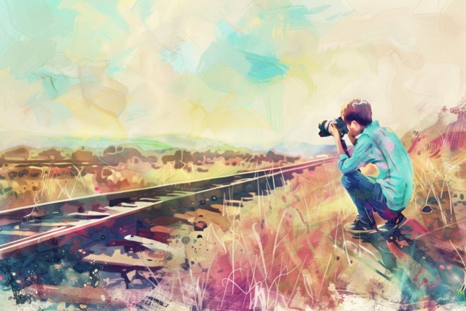 a boy kneeling in the grass overlooking a railroad track, taking a photo of the scenery