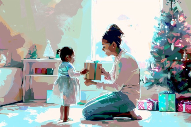 a woman sitting by a Christmas tree, handing a child a gift