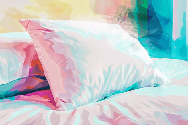 a watercolor depiction of a pillow sitting on a bed