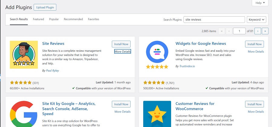site reviews screenshot of install in WP plugins