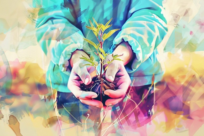 a closeup of a pair of hands holding a sapling