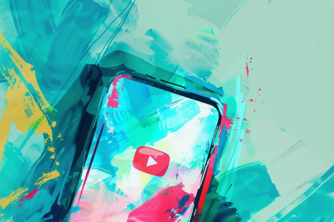 a watercolor depiction of a cell phone displaying the youtube app logo
