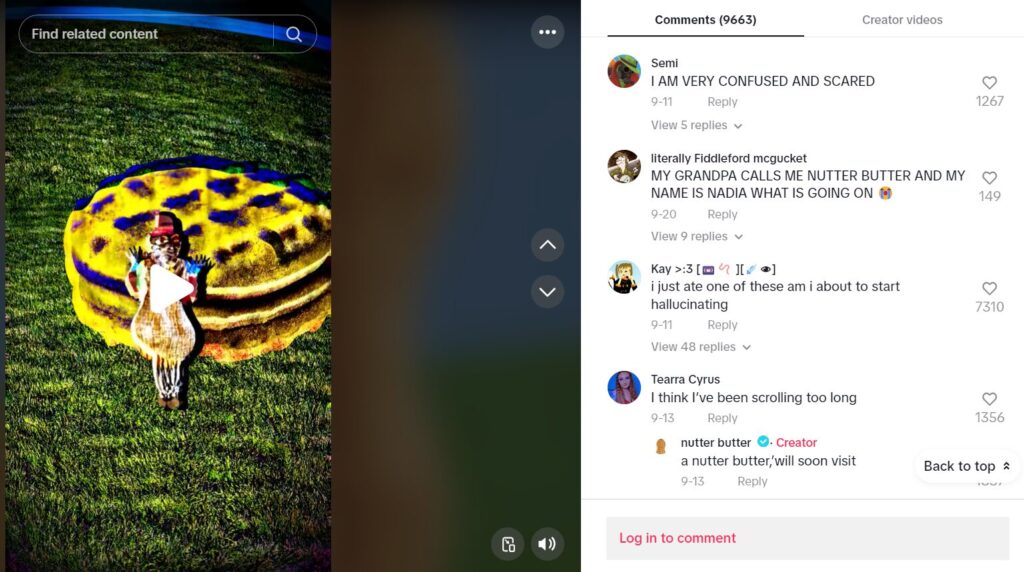 A screenshot of Nutter Butter's TikTok video comments