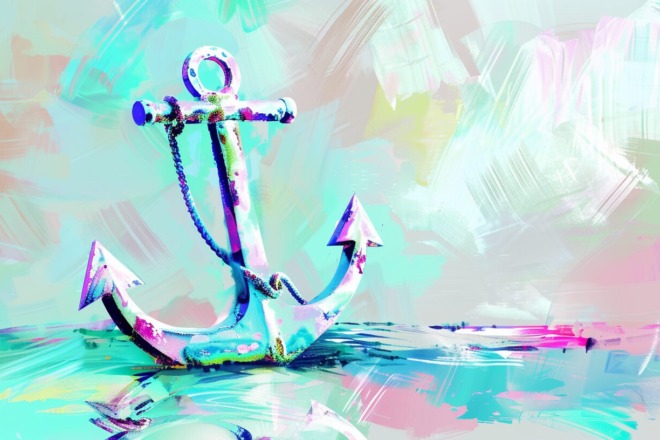a watercolor depiction of a ship anchor