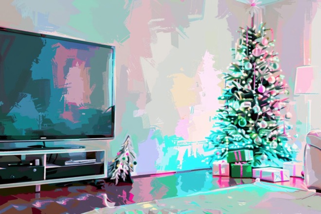a watercolor depiction of a living room scene focused on a TV sitting beside a Christmas tree