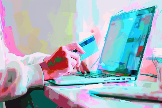 a watercolor depiction of a person holding a credit card in front of a laptop