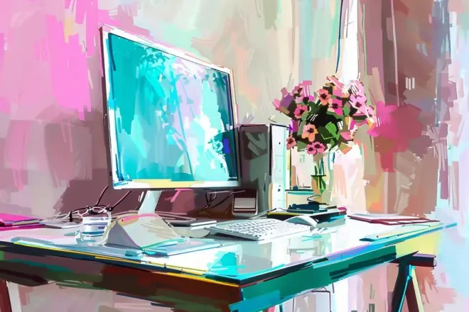 a watercolor depiction of a desktop computer monitor and tower sitting on a work desk