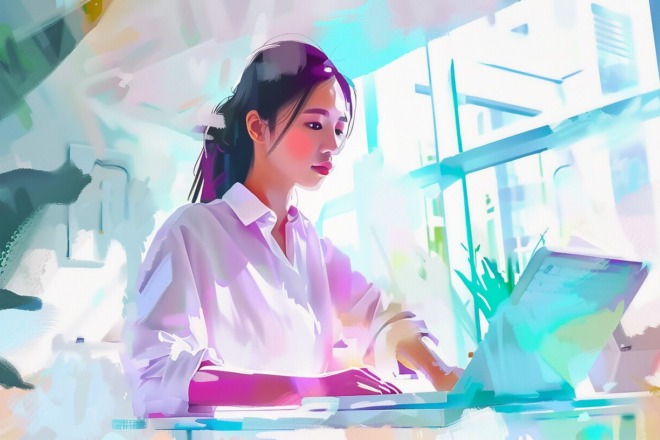 a watercolor depiction of a young woman typing on a laptop