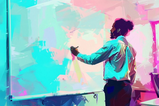 a watercolor depiction of a man writing on a whiteboard in a conference room