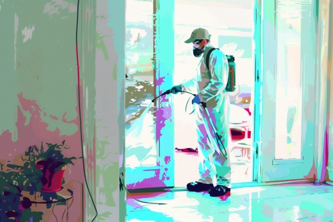 a watercolor depiction of a pest control specialist spraying the entryway of a home