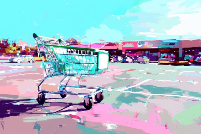 a watercolor depiction of a shopping cart abandoned in a parking lot