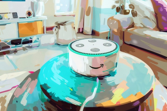 a watercolor depiction of an Amazon Alexa sitting on a living room coffee table