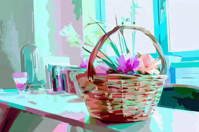 a watercolor depiction of a flower basket sitting on a work desk