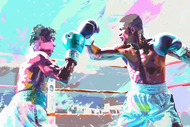 a watercolor depiction of two boxers fighting in a boxing ring
