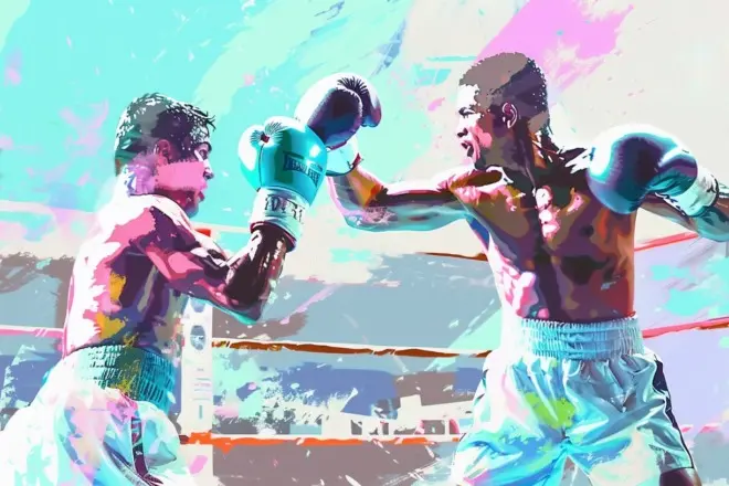 a watercolor depiction of two boxers fighting in a boxing ring