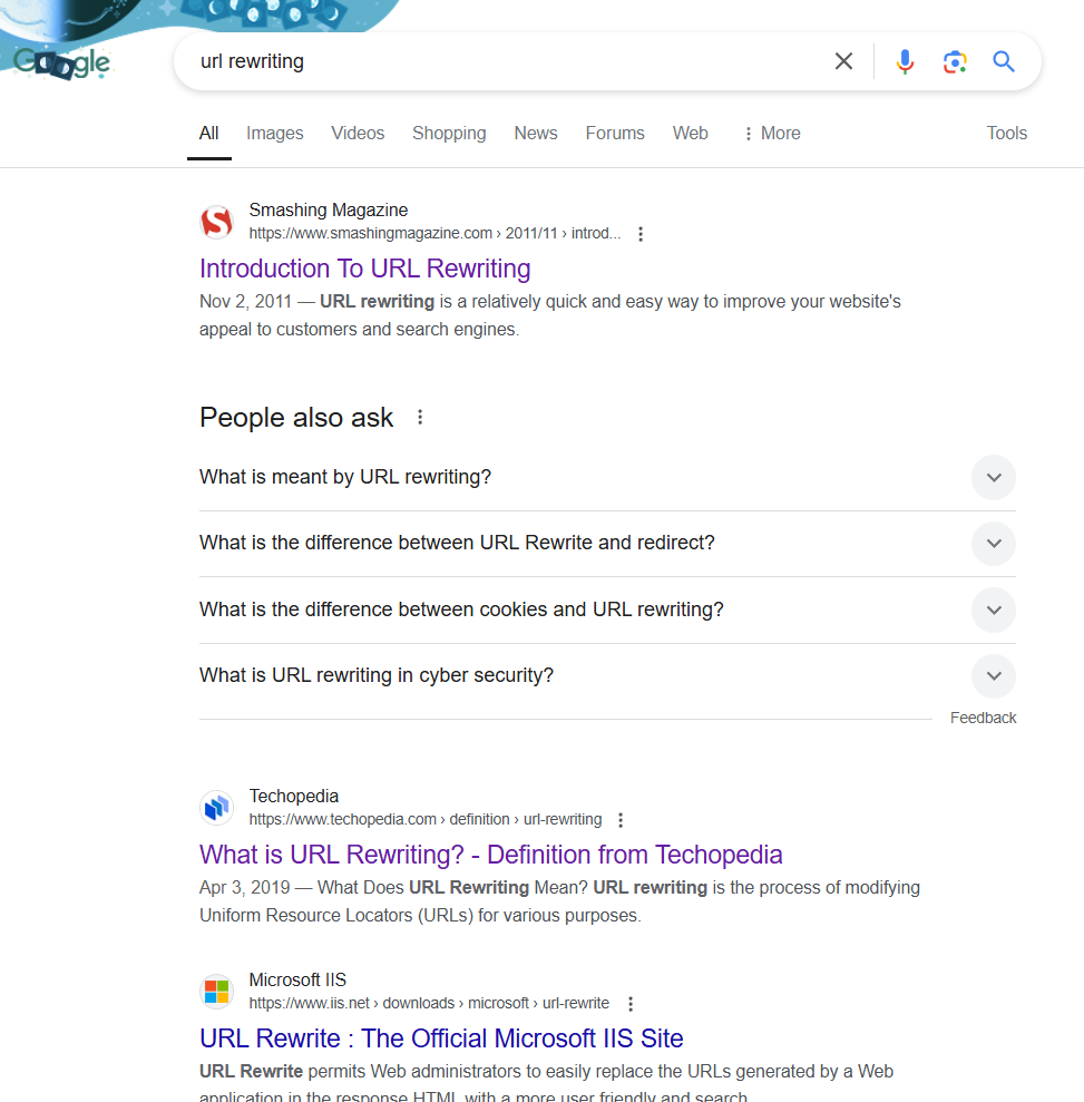 A Google search for "URL rewriting"