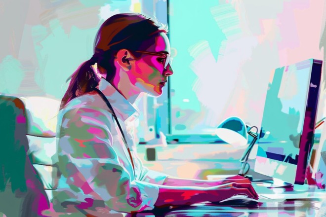 a watercolor depiction of a workplace professional typing at a computer