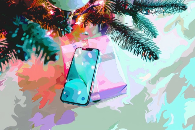 a watercolor depiction of an iPhone sitting under a Christmas tree