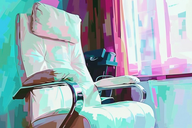 a watercolor depiction of a closeup of an office chair